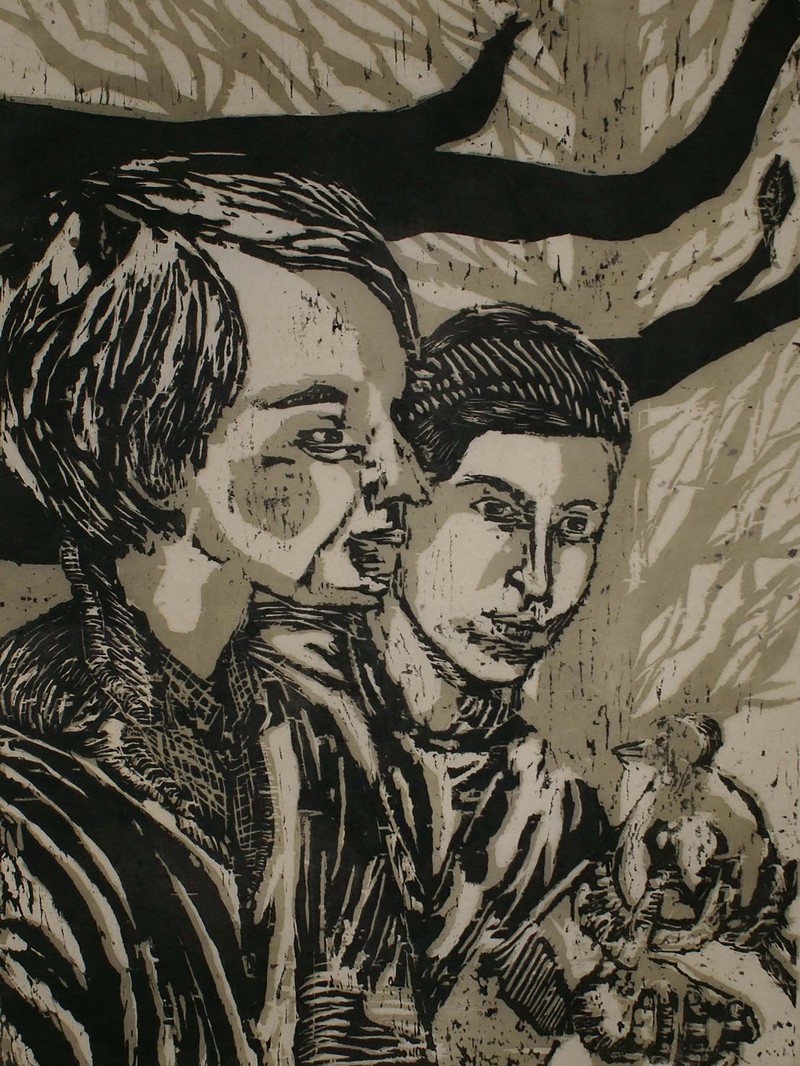 Woodcut relief print of two figures